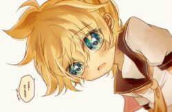 1boy bent_over black_sailor_collar blonde_hair blue_eyes blurry_edges blush cowlick drooling eyes_visible_through_hair hair_between_eyes halftone kagamine_len male_focus mattari_haruto medium_hair messy_hair mouth_drool necktie open_mouth partially_translated sailor_collar shirt solo speech_bubble translation_request vocaloid white_background yellow_necktie