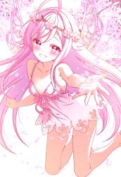 1girl absurdres antenna_hair bare_shoulders barefoot blush cherry_blossoms dress fairy flower hair_flower hair_ornament highres kanaria_chick long_hair navel niizuma_yae open_mouth outstretched_arms pink_dress pink_eyes pink_hair pink_theme smile solo very_long_hair world_dai_star