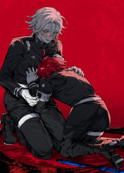 2boys aotsuki_eito belt black_boots black_pants blush boots clothes_grab gakuran glasses gloves grey_eyes grey_hair hand_on_another&#039;s_arm hand_on_another&#039;s_shoulder highres kneeling last_defense_academy_school_uniform looking_at_another male_focus multiple_boys pants red_background red_hair school_uniform scythe short_hair simple_background smile sumino_takumi sweat the_hundred_line_-last_defense_academy- thigh_strap wa_ga_ne weapon_on_floor white_belt yaoi