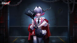 1girl against_wall black_gloves black_necktie black_shorts blue_pantyhose blunt_bangs chain character_name collared_shirt colored_tips copyright_name cowboy_shot dragon_horns etti_(path_to_nowhere) fake_horns gloves gradient_legwear grey_vest hand_up highres holding holding_sign horns indoors jacket logo looking_at_viewer mismatched_pupils mugshot multicolored_hair necktie off_shoulder official_art official_wallpaper open_clothes open_jacket pantyhose path_to_nowhere pink_eyes pink_lips prison_cell prison_clothes purple_hair red_jacket shirt short_hair short_shorts short_sleeves shorts sign smile solo vest white_shirt