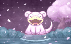 animal_focus bush cherry_blossoms closed_eyes commentary facing_viewer falling_petals fangs full_body gen_1_pokemon nintendo no_humans nostrils open_mouth petals pink_petals pokemon pokemon_(creature) pokemon_focus slowpoke smile solo tree user_jjhz4477 water