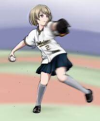 1girl artist_name ball baseball baseball_(object) baseball_glove baseball_stadium baseball_uniform black_shoes black_skirt blurry blurry_background blush bokeh brown_hair closed_mouth depth_of_field from_side full_body grey_socks hair_ornament highres holding holding_ball kneehighs leg_up looking_afar love_live! love_live!_nijigasaki_high_school_idol_club motion_blur nakasu_kasumi nippon_professional_baseball noochan_chonoda orix_buffaloes pitching playing_sports pleated_skirt red_eyes serious shirt shoes short_hair short_sleeves signature skirt socks sportswear standing standing_on_one_leg white_shirt