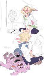 1girl absurdres barefoot blonde_hair bra_strap closed_eyes denim electric_fan full_body gen_2_pokemon granbull highres hp45_301 jeans long_hair mina_(pokemon) nintendo open_mouth paint_in_hair paint_splatter paint_splatter_on_face pants pokemon pokemon_sm ponytail shirt sitting sleeping smile solo sweat t-shirt tongue tongue_out torn_clothes torn_jeans torn_pants