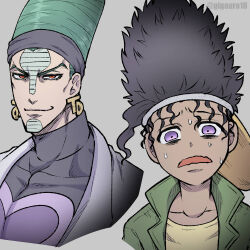 Rule 34 | 2boys, backwards hat, beehive hairdo, black hair, black hairband, boingo, commentary request, dark-skinned male, dark skin, earrings, facial mark, facial tattoo, forehead mark, frown, giga omega, green hair, green jacket, hairband, hat, jacket, jewelry, jojo no kimyou na bouken, male focus, multiple boys, open mouth, purple eyes, red eyes, smile, tattoo, terence t. d&#039;arby, turtleneck, twitter username, visor cap, wavy mouth