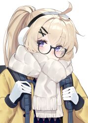 Rule 34 | 1girl, absurdres, ahoge, black-framed eyewear, black gloves, blonde hair, bloom muchi, blue archive, blush, commentary, earmuffs, glasses, gloves, hair ornament, highres, holding strap, jacket, kotama (blue archive), kotama (camp) (blue archive), long hair, long sleeves, looking at viewer, open clothes, open jacket, ponytail, puffy long sleeves, puffy sleeves, purple eyes, scarf, semi-rimless eyewear, simple background, solo, two-tone gloves, under-rim eyewear, upper body, white background, white gloves, white scarf, yellow jacket