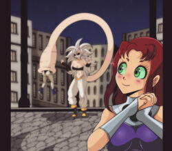 3girls android_21 ass blush breasts building cleavage creature dc_comics dragon_ball dragon_ball_fighterz evil_grin evil_smile green_eyes grin hand_up highres legs leotard looking_at_another majin_android_21 medium_breasts multiple_girls night night_sky raven_(dc) red_hair sidelocks sky smile starfire struggling tail tail_vore teen_titans vore white_hair
