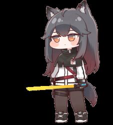 1girl animal_ear_fluff animal_ears animated animated_gif arknights black_gloves black_pantyhose black_shoes black_shorts closed_mouth commentary_request diyap_(style) fingerless_gloves gloves gradient_hair grey_hair highres holding holding_sword holding_weapon jacket kimin3424 long_hair long_sleeves multicolored_hair orange_eyes pantyhose red_hair shoes short_shorts shorts simple_background solo sword tail texas_(arknights) transparent_background weapon white_jacket wolf_ears wolf_girl wolf_tail