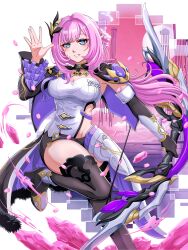 1girl absurdres black_gloves black_shorts boots bow_(weapon) breasts cleavage clothing_cutout commentary corset crystal_shards elf elysia_(honkai_impact) elysia_(miss_pink_elf)_(honkai_impact) english_commentary gloves high_heel_boots high_heels highres holding holding_bow_(weapon) holding_weapon honkai_(series) honkai_impact_3rd large_breasts long_hair looking_at_viewer parted_lips pink_hair pink_sky pointy_ears ryunato_al_fazh short_shorts shorts side_cutout single_glove sky solo thigh_boots thighs weapon white_corset