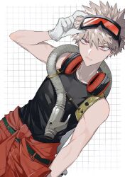 Rule 34 | 1boy, adjusting eyewear, bakugou katsuki, belt, black belt, black tank top, blonde hair, boku no hero academia, closed mouth, commentary request, dutch angle, gloves, goggles, goggles on head, grid background, hair between eyes, headphones, headphones around neck, highres, jumpsuit, jumpsuit around waist, long hair between eyes, male focus, neminemisho, orange-tinted eyewear, orange eyes, red jumpsuit, short hair, solo, tank top, tinted eyewear, white gloves