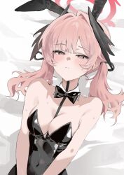1girl absurdres alternate_breast_size alternate_costume animal_ear_hairband animal_ears bed_sheet black_bow black_bowtie black_leotard black_wings blue_archive blush bow bowtie breasts cleavage commentary covered_navel detached_collar fake_animal_ears feathered_wings hairband halo head_wings highres koharu_(blue_archive) lamancha_1110 leotard long_hair looking_at_viewer lying medium_breasts on_back pink_eyes pink_hair playboy_bunny rabbit_ear_hairband rabbit_ears solo strapless strapless_leotard sweat twintails upper_body wings