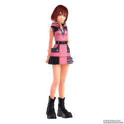 1girl 3d arms_behind_back black_boots blue_eyes boots female_focus hood hoodie kairi_(kingdom_hearts) kingdom_hearts kingdom_hearts_iii looking_at_viewer necktie official_art red_hair short_hair simple_background sleeveless smile solo square_enix white_background zipper zipper_pull_tab