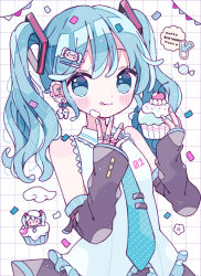 Rule 34 | 1girl, :q, bare shoulders, black sleeves, blue eyes, blue hair, blue necktie, blue shirt, blush stickers, character hair ornament, closed mouth, collared shirt, commentary request, cupcake, detached sleeves, ear piercing, earrings, food, grid background, hair ornament, happy birthday, hatsune miku, highres, holding, holding food, jewelry, long hair, looking at viewer, nagihoko, necktie, piercing, shirt, sleeveless, sleeveless shirt, solo, tie clip, tongue, tongue out, twintails, upper body, vocaloid, white background