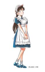 1girl alternate_costume aoyama_goushou apron artist_name blue_dress blue_eyes blue_footwear blush brown_hair closed_mouth copyright_notice dress enmaided frilled_apron frills full_body highres long_hair looking_at_viewer maid maid_apron maid_headdress meitantei_conan mouri_ran official_art own_hands_together short_sleeves simple_background socks solo standing v_arms white_apron white_background white_socks