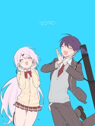 1boy 1girl :d absurdres bandaged_hand bandages blazer blue_background bow bowtie cardigan closed_eyes collared_shirt grey_jacket grey_pants grey_sweater_vest hair_ornament hair_ribbon hairclip hands_up happy highres jacket kenmochi_touya long_hair low_ponytail miniskirt necktie nijisanji omamori open_mouth pants pleated_skirt po_(po_495) ponytail purple_eyes red_bow red_bowtie red_necktie red_skirt ribbon school_uniform shiina_yuika shirt short_hair simple_background skirt smile sweater_vest v-shaped_eyebrows very_short_hair virtual_youtuber weapon_bag white_hair white_shirt yellow_cardigan