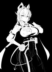 Rule 34 | 1girl, absurdres, arm pouch, black background, breasts, button gap, chest harness, collared shirt, commentary, cowboy shot, curled horns, demon tail, earrings, gloves, greyscale, hair between eyes, harness, high-waist pants, highres, horns, jacket, jacket on shoulders, jewelry, key earrings, kofii, large breasts, looking at viewer, monochrome, necktie, pants, shirt, shirt tucked in, simple background, solo, tail, tail around own leg, wuthering waves, zani (wuthering waves)