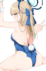 1girl absurdres animal_ear_hairband animal_ears ass back backless_leotard bare_back bare_legs bare_shoulders barefoot blonde_hair blue_archive blue_bow blue_eyes blue_halo blue_leotard blush bow closed_mouth commentary_request cuffs fake_animal_ears fake_tail feet_out_of_frame from_behind hair_bow hairband halo handcuffs highleg highleg_leotard highres isocha leotard long_hair looking_at_viewer looking_back official_alternate_costume playboy_bunny rabbit_ears rabbit_tail sitting solo strapless strapless_leotard tail toki_(blue_archive) toki_(bunny)_(blue_archive) v wariza white_background white_wrist_cuffs wrist_cuffs