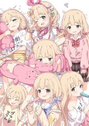 Rule 34 | + +, 1girl, black skirt, blonde hair, blue dress, bow, bow hairband, bowtie, candy, candy hair ornament, cardigan, collar, collared shirt, detached collar, dress, eating, food, food-themed hair ornament, food in mouth, futaba anzu, green shorts, hair bobbles, hair bow, hair ornament, hairband, hand on own stomach, holding, holding candy, holding food, holding lollipop, holding popsicle, holding stuffed toy, idolmaster, idolmaster cinderella girls, kuresuku (lessons), lollipop, long hair, low twintails, multicolored shorts, multiple views, neck ribbon, one eye closed, orange shorts, pink bow, pink cardigan, pink hairband, pink ribbon, polka dot hairband, popsicle, popsicle in mouth, red bow, red bowtie, red eyes, ribbon, shirt, shorts, skirt, sleepy, sleeveless, sleeveless dress, smile, striped clothes, striped shorts, stuffed animal, stuffed rabbit, stuffed toy, twintails, v, very long hair, white collar, white dress, white shirt, white shorts, yellow bow, yellow cardigan