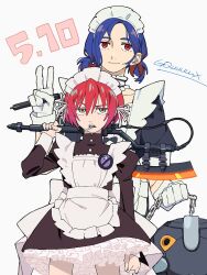 1boy 1girl alternate_costume amate_yuzuriha androgynous apron aqua_eyes axe ball_and_chain_(weapon) battle_axe blue_hair colored_inner_hair commentary_request copyright_name crossdressing dated enmaided frilled_apron frills frown gloves grtnkwii487 gundam gundam_gquuuuuux heat_hawk highres holding holding_axe juliet_sleeves lollipop_in_mouth long_sleeves looking_at_viewer lower_eyelashes_only maid maid_apron maid_day maid_headdress male_maid multicolored_hair open_mouth puffy_sleeves red_eyes red_hair short_hair short_twintails shuji_ito simple_background smile trap twintails two-tone_hair v weapon white_apron white_background