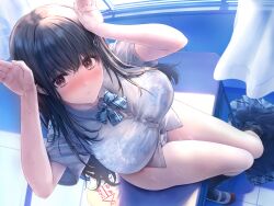 Rule 34 | 1girl, ai ai gasa, black hair, black skirt, black socks, blue bra, blue panties, blush, bra, bra visible through clothes, breasts, brown eyes, bursting breasts, classroom, collared shirt, commentary request, desk, hair between eyes, hair ornament, highres, large breasts, long hair, looking at viewer, on desk, original, panties, parted lips, pleated skirt, rabbit hair ornament, rabbit pose, school desk, school uniform, see-through clothes, shirt, shoes, sitting, skirt, socks, solo, suien, thighs, underwear, unworn skirt, wet, wet clothes, wet shirt, white shoes, window