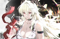 Rule 34 | 1girl, absurdres, arm strap, bare shoulders, black choker, black gloves, black horns, breasts, bright pupils, choker, clenched hand, commentary, curled horns, gloves, hair between eyes, hand up, highres, horns, large breasts, long hair, looking at viewer, mole, mole on breast, necktie, necktie around wrists, parted lips, red eyes, red necktie, rin0 (gujrv), shirt, solo, torn clothes, torn shirt, upper body, white pupils, white shirt, wuthering waves, zani (wuthering waves)