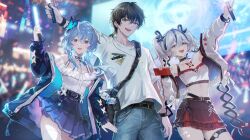 1boy 2girls alternate_costume black_eyes black_flower black_hair blake_bloom_(wuthering_waves) blue_hair blue_jacket blue_skirt blurry blurry_background camellya_(wuthering_waves) cellphone character_charm charm_(object) collarbone colored_eyelashes commentary_request crop_top cube_(wuthering_waves) denim earrings flower fractalmagnolia hair_between_eyes hair_flower hair_ornament hair_vines highres holding holding_lightstick holding_phone jacket jeans jewelry korean_commentary lightstick long_hair looking_at_viewer male_rover_(wuthering_waves) multiple_girls necklace objectification off-shoulder_shirt off_shoulder open_mouth pants phone purple_eyes red_skirt rover_(wuthering_waves) shirt shirt_tucked_in shorekeeper_(wuthering_waves) short_hair short_twintails skirt smartphone smile stomach tacet_mark_(wuthering_waves) thighhighs thighs twintails white_jacket white_shirt white_thighhighs wuthering_waves yellow_eyes