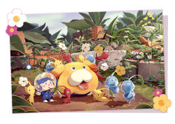 1girl alien black_eyes blue_eyes blue_flower blue_hair blue_jumpsuit blue_skin blue_sky blush buttons cloud colored_skin commentary_request dog double_bun eyelashes falling floppy_ears flower flower_bed gloves hair_bun helmet ice ice_pikmin jumpsuit leaf lying nintendo oatchi_(pikmin) on_stomach open_mouth outdoors outstretched_arms photo_(medium) pikmin_(creature) pikmin_(series) pikmin_4 pointy_ears pointy_nose potsupo rescue_officer_(pikmin) radio_antenna red_pikmin red_skin riding riding_animal rock shadow short_hair sitting sky smile space_helmet spacesuit tiny tongue whistle white_flower white_footwear white_gloves yellow_flower yellow_fur yellow_pikmin yellow_skin