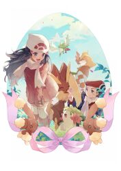 1girl 2boys absurdres barry_(pokemon) beanie black_hair blonde_hair blue_jacket boots buneary cloud coat dawn_(pokemon) day falling_petals gen_4_pokemon hair_ornament hairclip hat highres jacket leaning legendary_pokemon long_hair long_sleeves looking_down lopunny lucas_(pokemon) multiple_boys mythical_pokemon nintendo orange_jacket outdoors petals pokemon pokemon_(creature) pokemon_dppt pokemon_platinum red_coat ribbon sapphire_ethu scarf shaymin shaymin_(land) shaymin_(sky) sky striped_clothes striped_jacket white_hat white_scarf