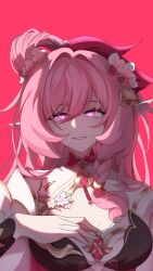 1girl bell breasts chinese_commentary cleavage commentary_request diamond-shaped_pupils diamond_(shape) elf elysia_(herrscher_of_human:_ego)_(honkai_impact) elysia_(honkai_impact) elysia_(peachy_spring)_(honkai_impact) flower hair_bell hair_flower hair_ornament hand_on_own_chest highres honkai_(series) honkai_impact_3rd large_breasts long_hair looking_at_viewer official_alternate_costume parted_lips pink_background pink_hair pointy_ears purple_eyes solo symbol-shaped_pupils upper_body very_long_hair yilin550