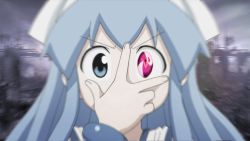 1girl blue_hair bracelet code_geass crossover female_focus geass hat ikamusume jewelry long_hair motion_blur parody shinryaku!_ikamusume solo tentacle_hair third-party_edit