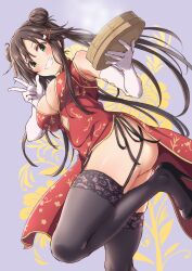 Rule 34 | ass, bamboo steamer, black panties, black thighhighs, breasts, brown hair, china dress, chinese clothes, cleavage, double bun, dress, elbow gloves, garter straps, gloves, hair bun, high heels, highres, himekawa yuki, holding bamboo steamer, idolmaster, idolmaster cinderella girls, panties, red dress, side-tie panties, starheart, thighhighs, underwear, white gloves