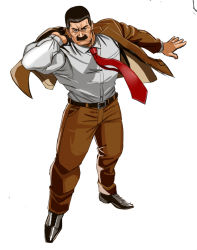 1boy arm_out_of_sleeve belt black_eyes black_hair black_shoes brown_pants brown_suit capcom dressing facial_hair final_fight formal_clothes full_body long_sleeves looking_at_viewer male_focus mike_haggar muscular mustache necktie pants red_necktie shirt shoes simple_background solo standing suit taka_(takahirokun) white_background white_shirt