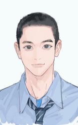 Rule 34 | 1boy, asian, black hair, black necktie, blue shirt, bright pupils, buzz cut, chinese commentary, closed mouth, commentary request, diagonal-striped clothes, diagonal-striped necktie, dress shirt, forehead, gekokujo kyuji, grey eyes, highres, hioki souma, light smile, linbeiyx, lips, looking at viewer, male focus, necktie, portrait, shirt, short hair, solo, straight-on, striped clothes, thick eyebrows, very short hair, white pupils