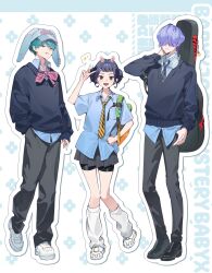 Rule 34 | 1girl, 2boys, alternate costume, animal ears, aqua eyes, aqua hair, aqua nails, arm up, baby (kpop demon hunters), black hair, black pants, black shoes, black shorts, black skirt, blue shirt, blue sweater, bow, bowtie, brown eyes, closed mouth, collared shirt, couple, double bun, earrings, english text, fake animal ears, friends, full body, hair bun, hair ornament, hair over eyes, hair up, hairclip, hand in pocket, hand on own hip, hand on own neck, happy, hashtag-only commentary, hat, head tilt, highres, instrument case on back, jeokgwang, jewelry, knees together feet apart, kpop demon hunters, long sleeves, looking at viewer, looking to the side, loose necktie, multiple boys, mystery (kpop demon hunter), necktie, open mouth, pants, purple hair, shirt, shoes, short bangs, short hair, short shorts, short sleeves, shorts, skirt, smile, standing, sweater, swept bangs, teeth, thighs, tongue, tongue out, upper teeth only, v, white shoes, zoey (kpop demon hunters)