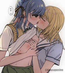 2girls apusapusino bang_dream! bang_dream!_it&#039;s_mygo!!!!! black_ribbon blonde_hair blue_hair blue_shirt blush breasts brown_sweater_vest chinese_commentary chinese_text closed_eyes commentary_request ear_blush french_kiss green_skirt hair_ribbon hanasakigawa_school_uniform haneoka_school_uniform highres kiss large_breasts long_hair medium_hair misumi_uika multiple_girls navel nipples no_bra pleated_skirt ribbon sailor_collar school_uniform serafuku shirt short_sleeves sidelocks skirt sweater_vest togawa_sakiko translation_request white_background white_sailor_collar white_shirt yellow_eyes yuri
