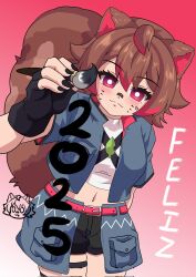 Rule 34 | 1girl, 2025, animal ears, belt, belt buckle, black gloves, black nails, black shorts, blue jacket, blue overskirt, blush, breast pocket, bright pupils, brown hair, brown tail, buckle, chest strap, colored tips, commentary request, cowboy shot, cropped jacket, drawing on fourth wall, fake whiskers, fingerless gloves, gloves, gradient background, hair between eyes, hair flaps, hand up, happy new year, highres, holding, holding paintbrush, indie virtual youtuber, jacket, kimurasenpai, leaf brooch, looking at viewer, midriff, multicolored hair, navel, new year, paintbrush, pocket, raccoon ears, raccoon girl, raccoon tail, rakkun sutaru, red background, red belt, red eyes, red hair, red jacket, second-party source, shirt, short sleeves, shorts, skirt pocket, spanish commentary, striped tail, tail, thigh strap, turtleneck, turtleneck jacket, two-sided fabric, two-sided jacket, two-tone hair, virtual youtuber, white pupils, white shirt