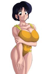 Rule 34 | 1girl, arm under breasts, blush, breasts, cleavage, hazama null, highleg, highleg one-piece swimsuit, highres, large breasts, navel, one-piece swimsuit, ranma 1/2, smile, swimsuit, tendou akane, thighs, yellow one-piece swimsuit