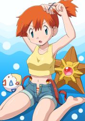 1girl :o absurdres adjusting_hair alternate_color annoyed armpits arms_up barefoot crop_top denim denim_shorts gen_1_pokemon gen_2_pokemon green_eyes hairdressing highres looking_at_viewer midriff misty_(pokemon) navel nintendo open_fly orange_hair panties pantyshot pokemoa pokemon pokemon_(anime) pokemon_(classic_anime) pokemon_(creature) rubber_band shiny_skin shorts side_ponytail sitting staryu striped_clothes striped_panties suspenders tank_top togepi unbuttoned underwear undressing unzipped wariza