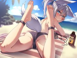 1girl animal_ears ankle_cuffs arm_support ass beach beach_towel bikini bikini_bottom_only black_bikini blue_eyes blue_sky expressionless feet_up fox_ears fox_girl fox_tail from_behind looking_at_viewer lotion lotion_bottle lying medium_hair ocean on_stomach original outdoors palm_tree ponytail ryuudog sandals short_ponytail sky sunscreen swimsuit tail tanning_oil thighs topless_female towel tree untied_bikini untied_bikini_top unworn_bikini_top unworn_sandals white_hair