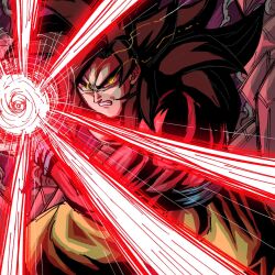 Rule 34 | 1boy, black hair, blue sash, body fur, clenched teeth, darent z, dougi, dragon ball, dragon ball gt, glowing, glowing eyes, highres, incoming attack, kamehameha 10x, large pectorals, long hair, looking at viewer, monkey boy, monkey tail, muscular, muscular male, no nipples, pants, pectorals, red fur, saiyan, sash, son goku, spiked hair, super saiyan, super saiyan 4, tail, teeth, topless male, v-shaped eyebrows, yellow eyes, yellow pants