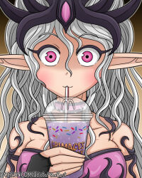 1girl :3 black_gloves breasts commentary cup drinking english_commentary fingerless_gloves gloves grey_eyes grimace_shake_(meme) highres holding holding_cup idiot_of_the_east large_breasts mcdonald&#039;s meme pink_hair pointy_ears portrait slaanesh solo warhammer_40k watermark web_address