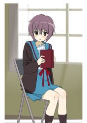 1girl blue_sailor_collar blue_skirt book border brown_cardigan brown_eyes brown_socks cardigan chair collarbone curtains day feet_out_of_frame flat_chest glasses highres holding holding_book indoors kita_high_school_uniform knees light_blush long_sleeves nagato_yuki on_chair open_cardigan open_clothes open_mouth outside_border purple_hair red_ribbon ribbon rytoua318 sailor_collar school_uniform semi-rimless_eyewear serafuku short_hair shy sitting skirt snow socks solo suzumiya_haruhi_no_yuuutsu white_border window winter_uniform