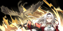 1girl absurdres ahoge alternate_costume bare_shoulders bird black_bird black_gloves black_hairband breasts closed_mouth commentary gloves hair_ornament hairband hamilundenongdizhe highres large_breasts long_hair looking_at_viewer outstretched_arm solo upper_body yellow_eyes yixuan_(zenless_zone_zero) zenless_zone_zero