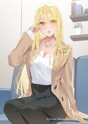 1girl artist_name bekotarou black_pants blonde_hair braid braided_bangs breasts cleavage coat couch daigaku_de_ichiban_kawaii_senpai_wo_tasuketara_nomi_tomodachi_ni_natta_hanashi high-waist_pants indoors jewelry long_hair necklace novel_illustration official_art on_couch open_clothes open_coat pants parted_lips plant potted_plant scoop_neck second-party_source shirt sitting solo tennouji_akebi tucking_hair twin_braids wall_shelf white_shirt yellow_eyes