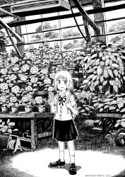 1girl aremoyou artist_name backpack bag collared_shirt commentary crosshatching dated dress_shirt flower flower_pot greenhouse greyscale hand_up hatching_(texture) highres holding_strap hose hose_reel indoors kneehighs loafers looking_at_viewer monochrome neck_ribbon open_mouth original plant potted_plant ribbon rose school_uniform shirt shoes short_hair short_sleeves skirt smile socks solo v wide_shot