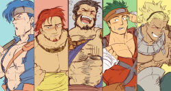 5boys bara bare_pectorals barst_(fire_emblem) beard black_hair blonde_hair blue_hair blush boyd_(fire_emblem) chest_hair closed_eyes clothes_lift clothes_pull commentary dorcas_(fire_emblem) facial_hair fire_emblem fire_emblem:_mystery_of_the_emblem fire_emblem:_radiant_dawn fire_emblem:_the_blazing_blade fire_emblem:_the_sacred_stones fire_emblem_awakening garcia_(fire_emblem) green_hair grin hairband headband lifting_own_clothes male_focus multiple_boys muscular muscular_male nintendo one_eye_closed open_clothes open_mouth pectoral_cleavage pectorals piikeisandaa pulling_own_clothes red_hair shirt_lift shirt_pull short_hair smile sweat vaike_(fire_emblem)