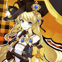 1girl bare_shoulders black_bow black_dress black_flower black_gloves black_hat black_sleeves blonde_hair blue_eyes blue_gemstone bow detached_sleeves dress drill_hair drill_sidelocks flower gem genshin_impact gloves hat highres holding holding_umbrella lolita_fashion long_hair looking_at_viewer mutumumu navia_(genshin_impact) outline ribbon sidelocks single_glove smile solo strapless strapless_dress umbrella upper_body vision_(genshin_impact) white_outline yellow_flower