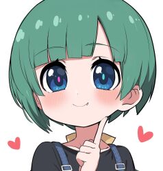 Rule 34 | 1girl, blue eyes, blue overalls, blunt bangs, blush, bow, fang, finger to own chin, green hair, hair bow, heart, kemono friends, kemono friends 2, kemono friends r, looking at viewer, overalls, ponytail, ransusan, shirt, smile, solo, tomoe (kemono friends) (niconico88059799), yellow bow