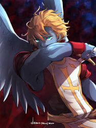 1boy angel angel_wings aqua_eyes blonde_hair blue_skin blue_wings colored_skin cross cross_print feathered_wings hair_between_eyes highres holding holding_sword holding_weapon latin_cross male_focus sash shin_megami_tensei shinabita_nasubi short_hair solo sword tabard uriel_(megami_tensei) weapon white_tabard wings yellow_sash