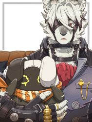 1boy animal_ears ascot bangboo_(zenless_zone_zero) black_gloves claws colored_tips commentary crying eichi_doraking english_commentary eous_(zenless_zone_zero) eyepatch fingerless_gloves furry furry_male gloves grey_vest highres looking_at_another male_focus multicolored_hair neckerchief orange_neckerchief red_ascot red_eyes sweatdrop upper_body vest von_lycaon wolf_boy wolf_ears zenless_zone_zero
