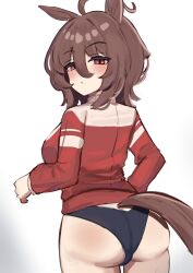 Rule 34 | 1girl, absurdres, agnes tachyon (umamusume), ahoge, animal ears, ass, black panties, blush, brown hair, closed mouth, hair between eyes, highres, horse ears, horse girl, horse tail, iog626, jacket, looking at viewer, looking back, medium hair, messy hair, multicolored jacket, no pants, panties, red eyes, solo, standing, tail, track jacket, umamusume, underwear, white background, wolf cut